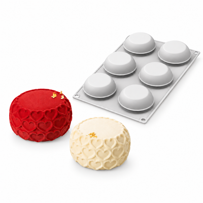Moule 6 Desserts Individuels Battito 120 – résultat pâtissier et moule Silikomart côte à côte sur fond blanc