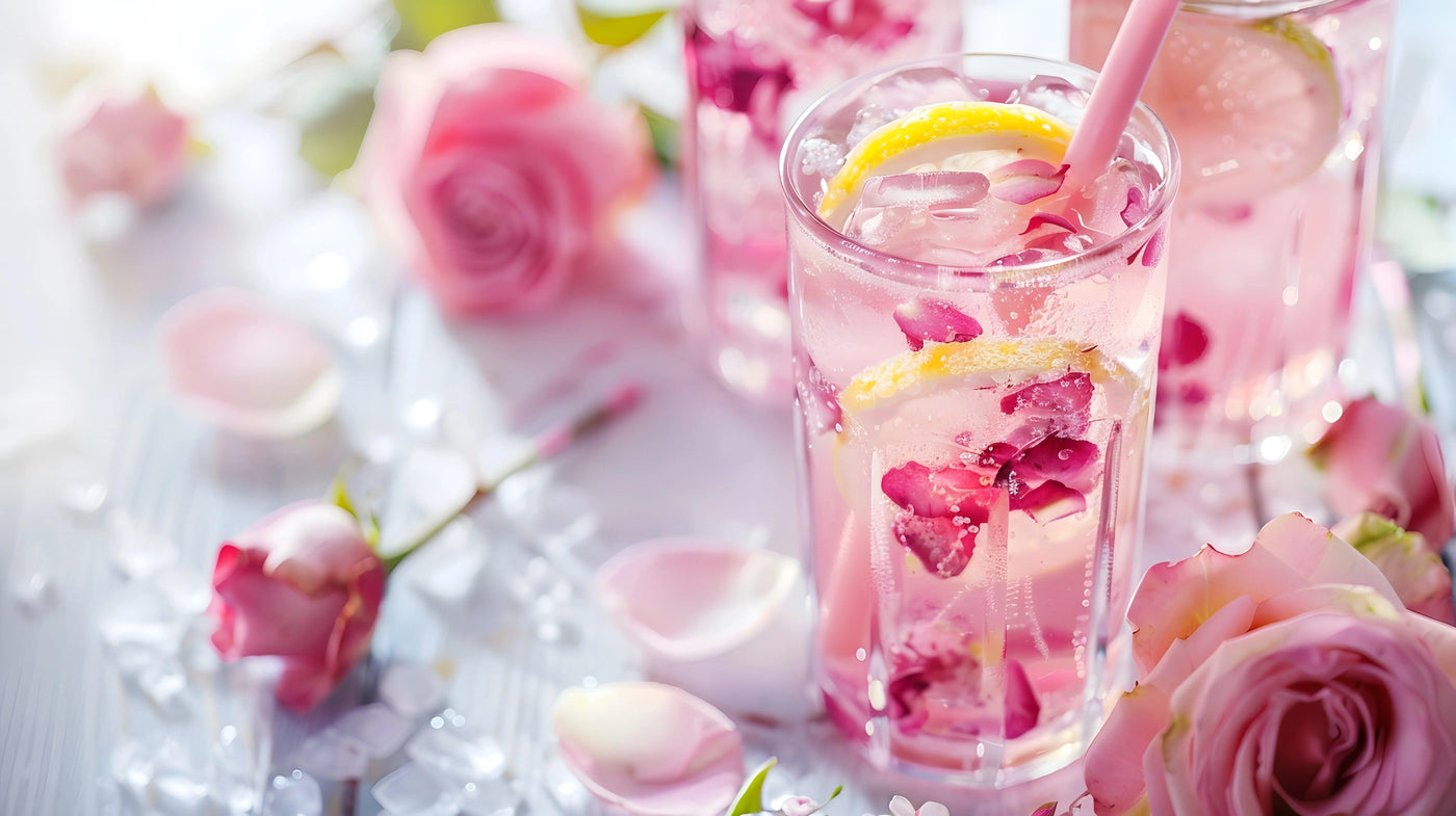 Verre de limonade rose pâle garni de pétales de rose et de tranches de citron, servi avec des glaçons dans un pichet en verre transparent rempli de la boisson fraîche et pétillante