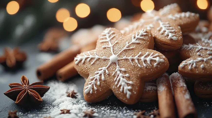 Biscuits sablés de Noël en forme d’étoiles et sapins, décorés de glaçage blanc et perles colorées.