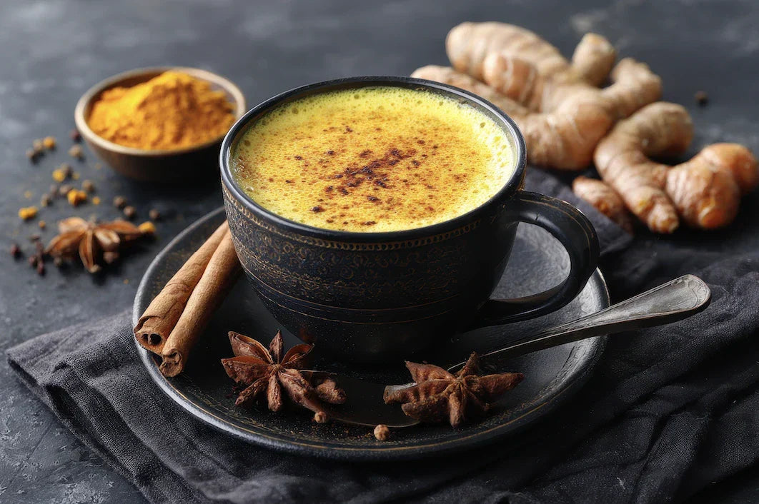 Tasse de golden milk, boisson chaude au lait et curcuma, décorée de poudre de cannelle.