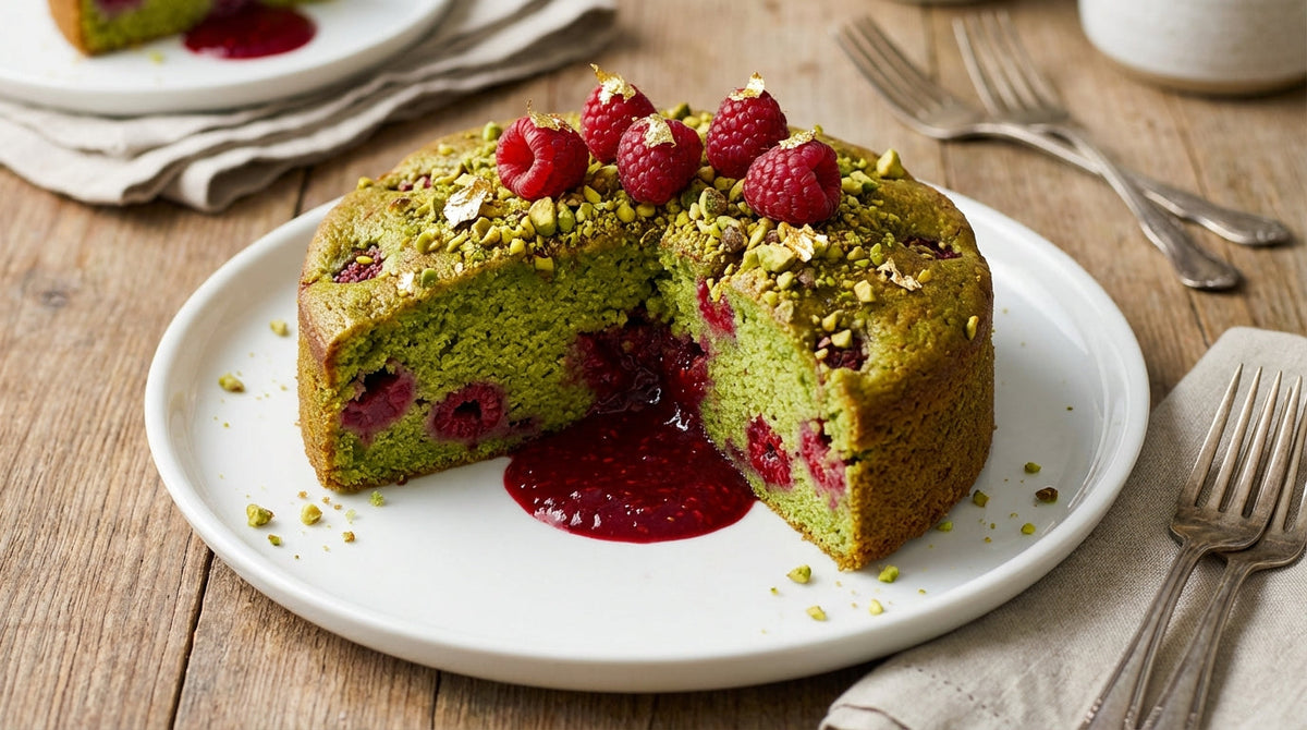 Gâteau pistache-framboise avec cœur coulant, tranché révélant le coulis qui s'écoule, décoré de pistaches concassées et feuilles d'or
