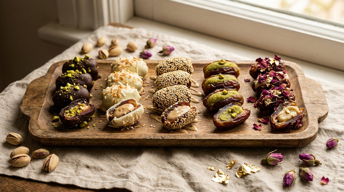 Dattes Medjool fourrées luxe enrobées chocolat noir garnies pistaches noix coco sésame pétales rose poudre or pour Ramadan Aïd