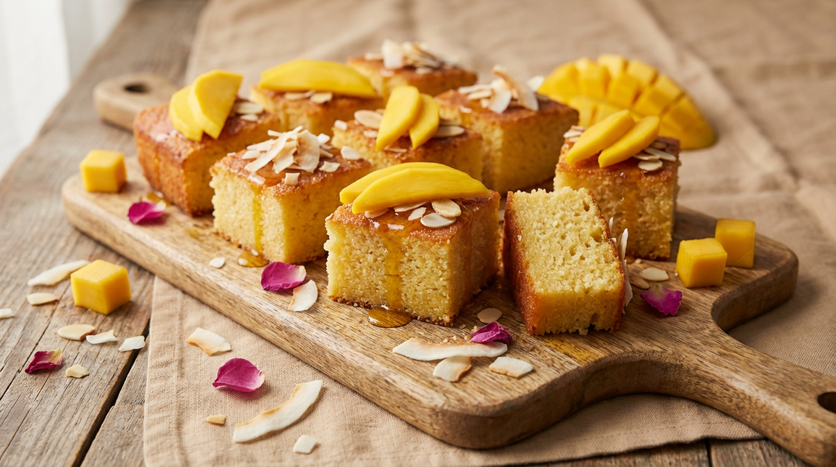 Carrés de basbousa moelleux semoule coco mangue imbibés sirop rose miel garnis amandes pistaches tranches mangue pétales rose pour Ramadan Aïd