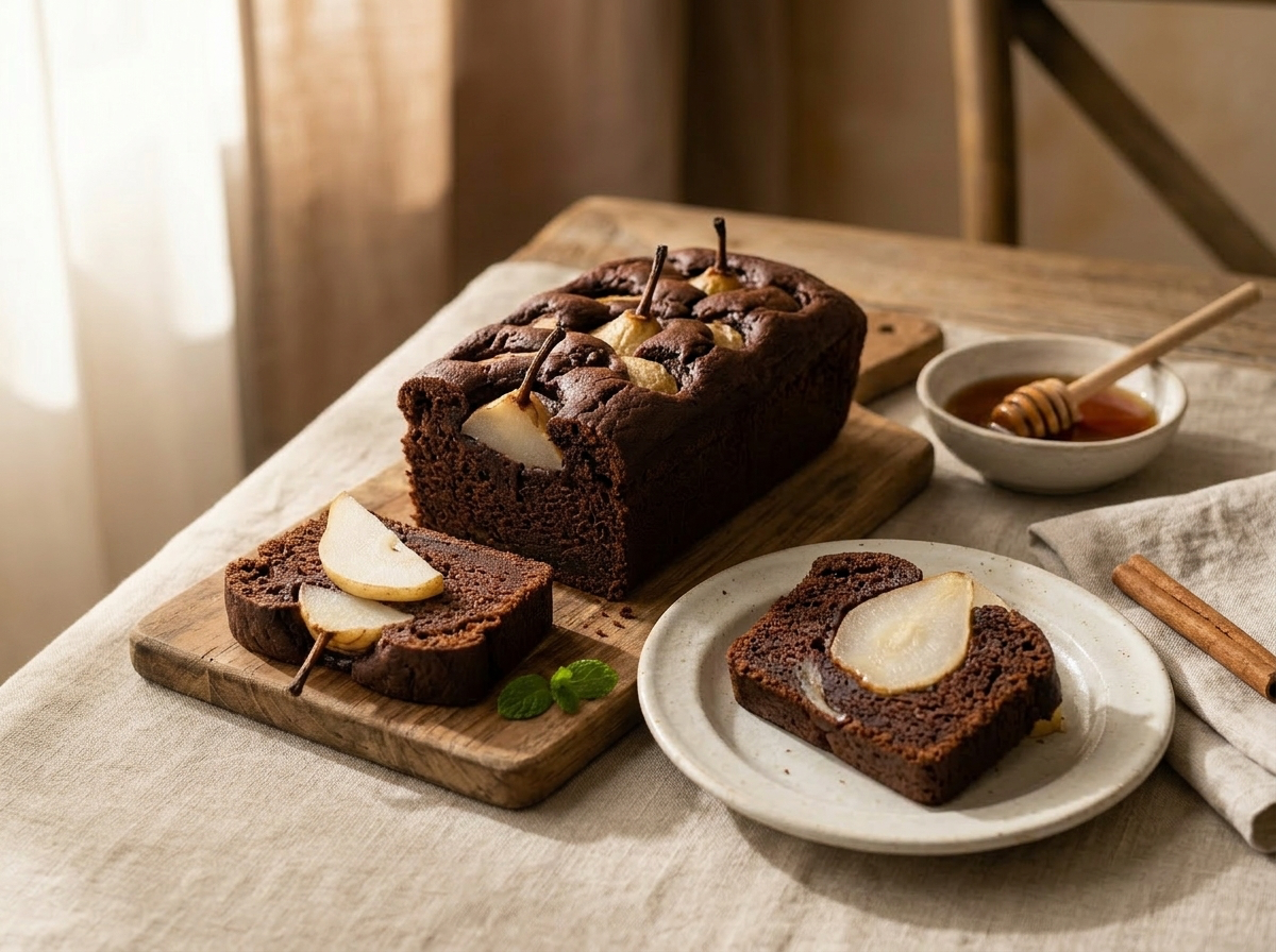 Gâteau fondant au chocolat avec poires entières pochées visibles à la coupe, nappé d’un sirop brillant.