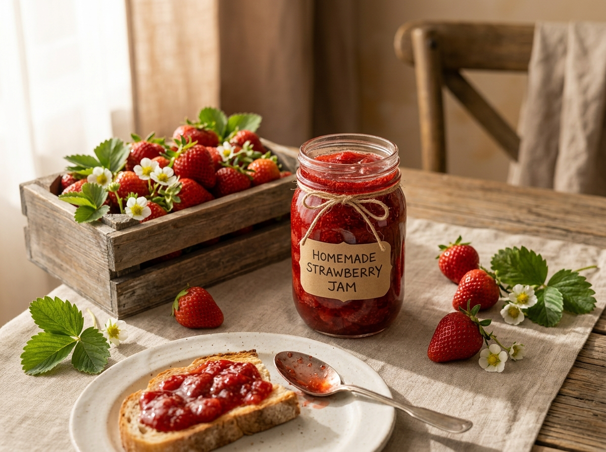 Confiture de fraises maison rouge et brillante, dans un pot en verre avec des fraises fraîches autour.