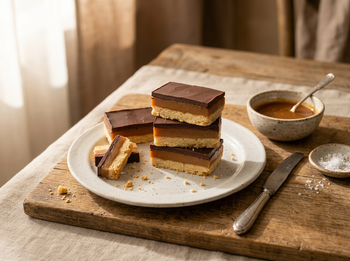 Carrés de Millionaire Shortbread avec trois couches visibles : sablé doré, caramel fondant et chocolat brillant.