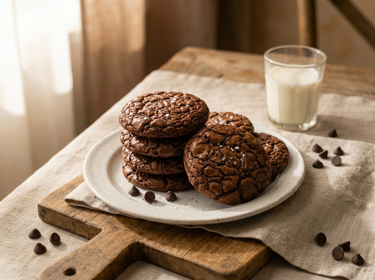 Outrageous cookies maison, au chocolat noir fondant et au cœur moelleux, disposés sur une plaque de cuisson.
