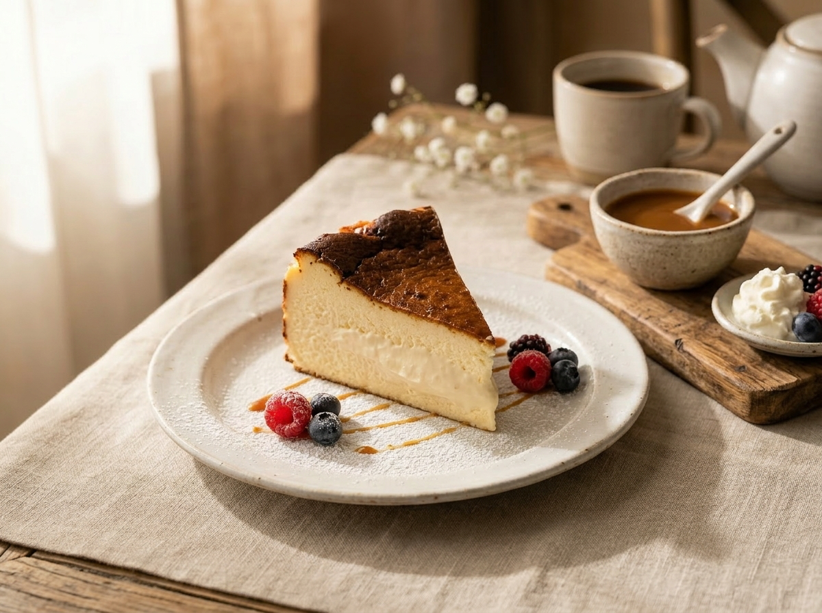 Cheesecake basque San Sebastián, doré et craquelé sur le dessus, à la texture fondante et crémeuse.