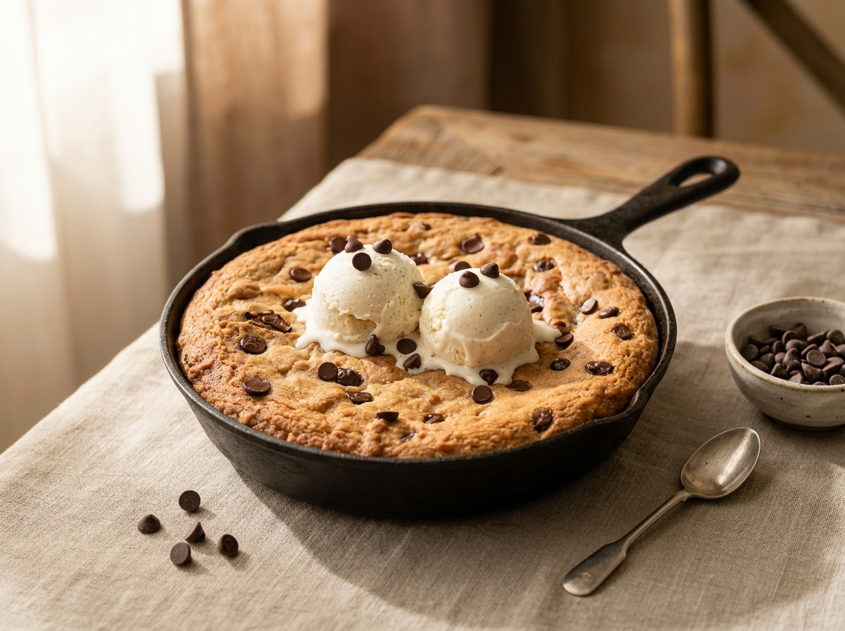 Cookie géant doré, parsemé de pépites de chocolat fondantes, coupé en parts.