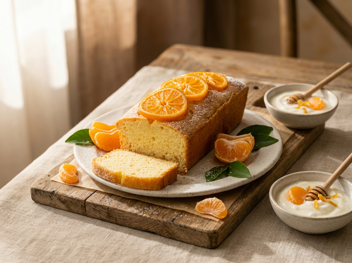 Cake moelleux à la clémentine et au yaourt, doré et tranché, posé sur une planche en bois avec des quartiers de clémentine.