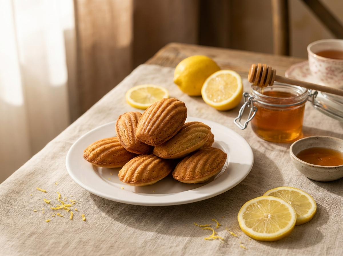 Madeleines dorées au miel et citron, disposées dans un plat, avec une tasse de thé fumante à côté.