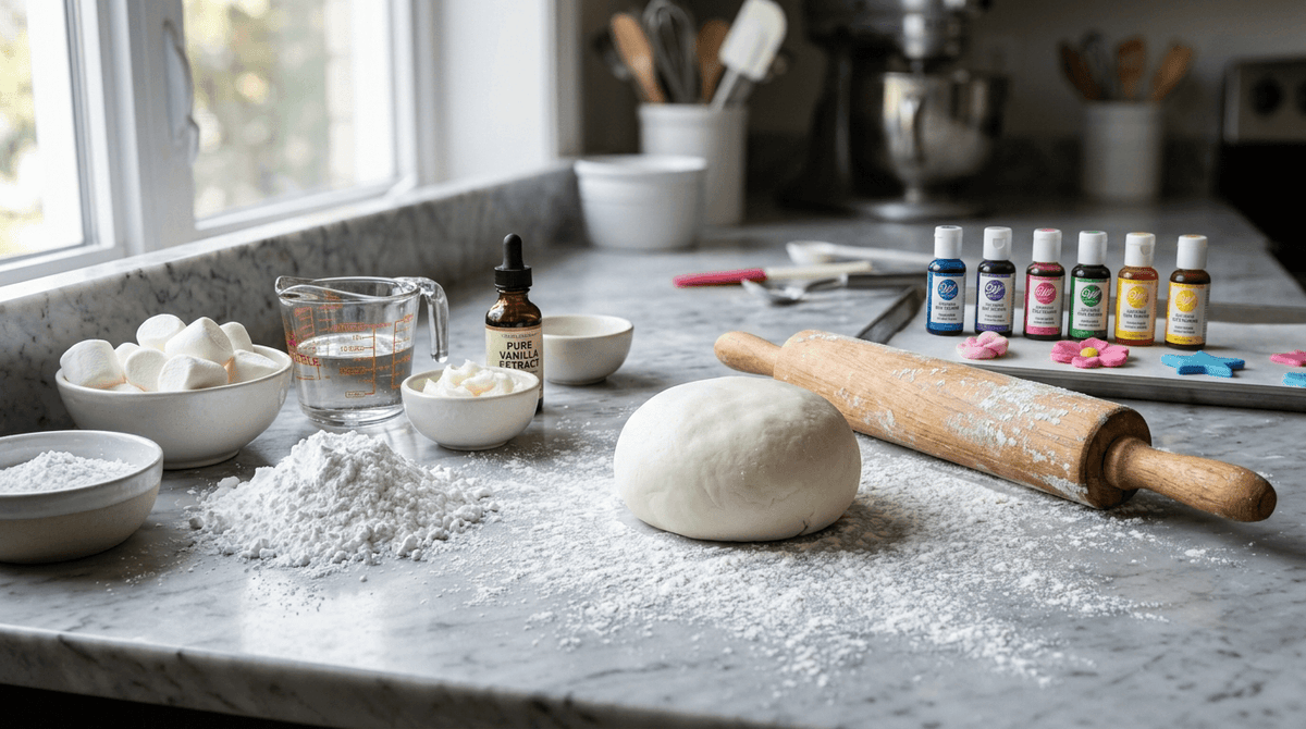 Pâte à sucre vanillée faite maison, prête à être étalée pour la décoration de gâteaux.