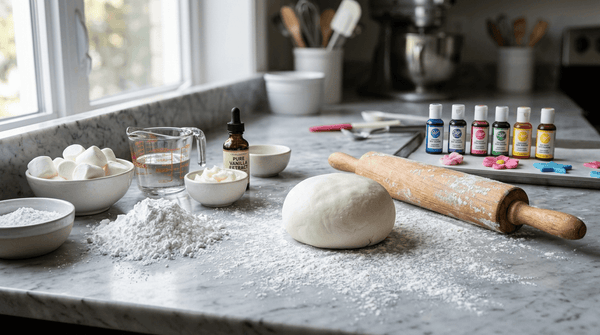 Pâte à sucre vanillée faite maison, prête à être étalée pour la décoration de gâteaux.