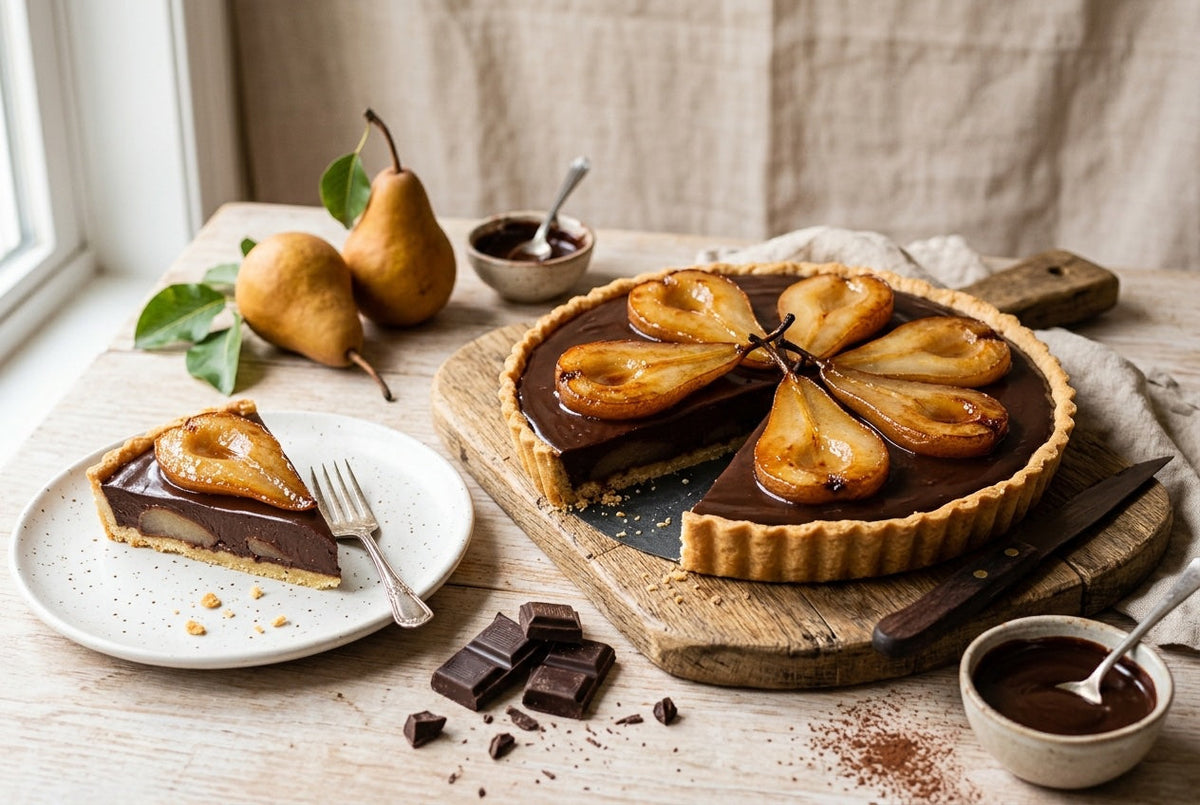tarte poire chocolat ganache poires pochées recette