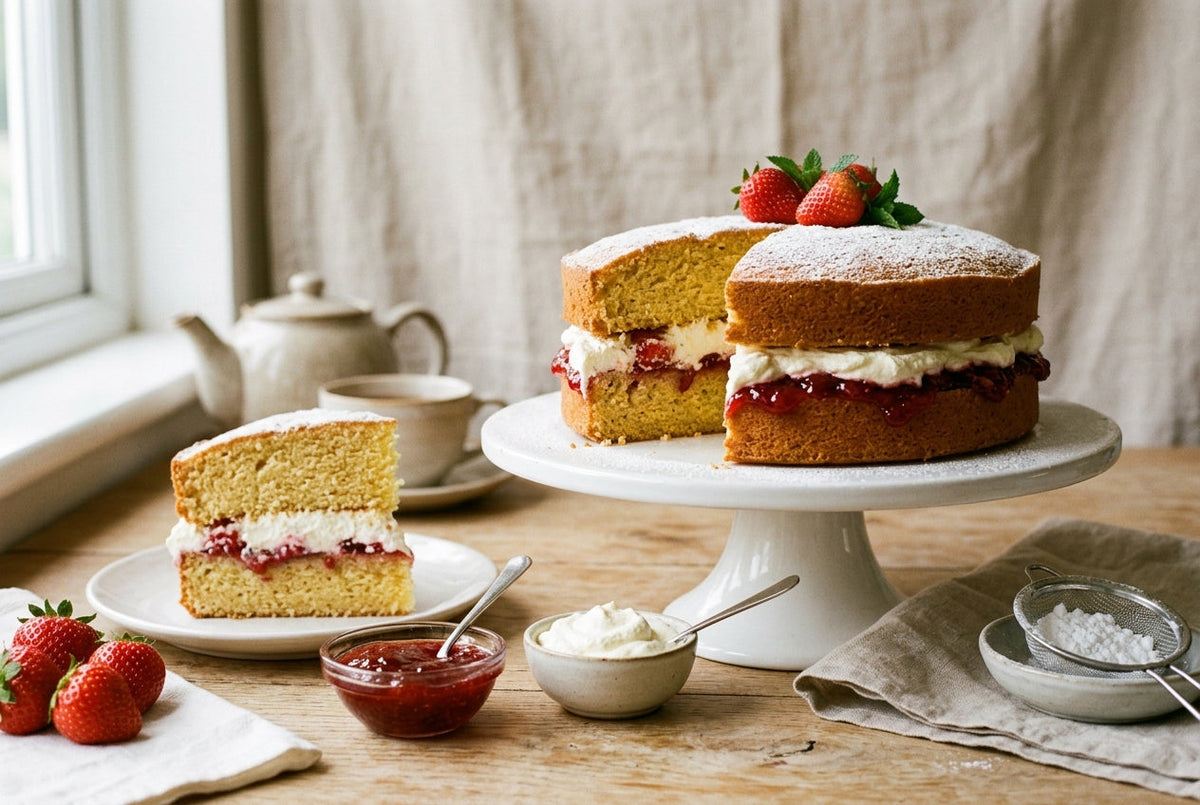 Victoria sponge anglais garni de confiture de fraises et de crème fouettée, saupoudré de sucre glace