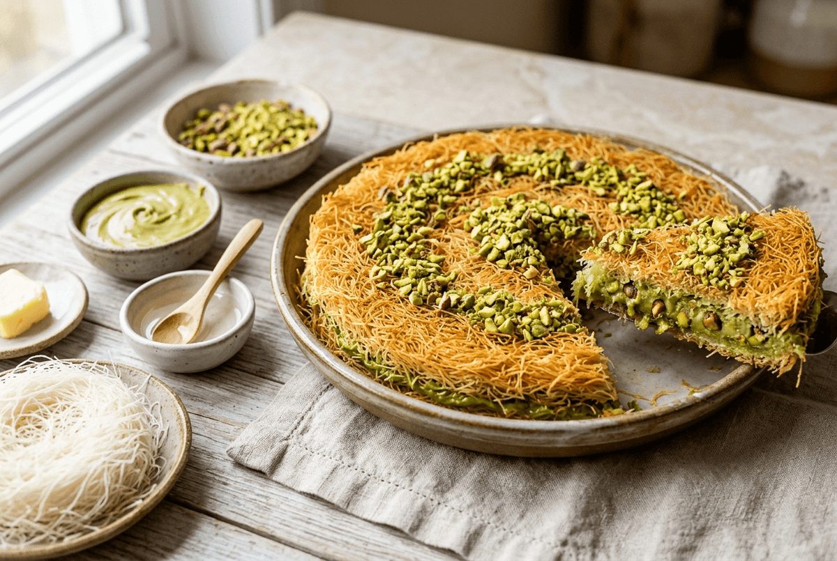 Kunafa pistache, pâte kadaïf dorée et croustillante avec crème de pistache et pistaches concassées