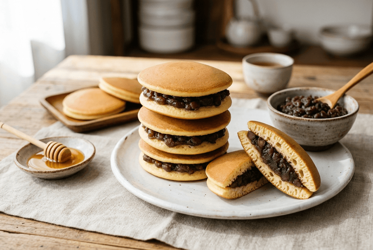 Dorayaki, pancakes japonais moelleux et dorés fourrés de pâte de haricots rouges