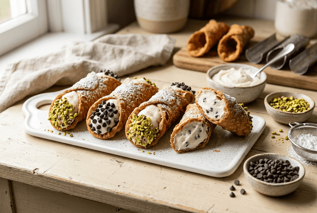 Cannoli siciliens, coques frites croustillantes garnies de crème de ricotta, pistaches et pépites de chocolat