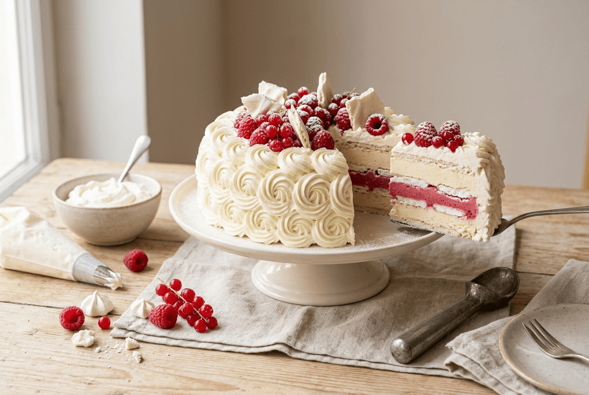 Vacherin glacé français à étages de meringue, glace vanille et framboise, recouvert de chantilly et de fruits rouges
