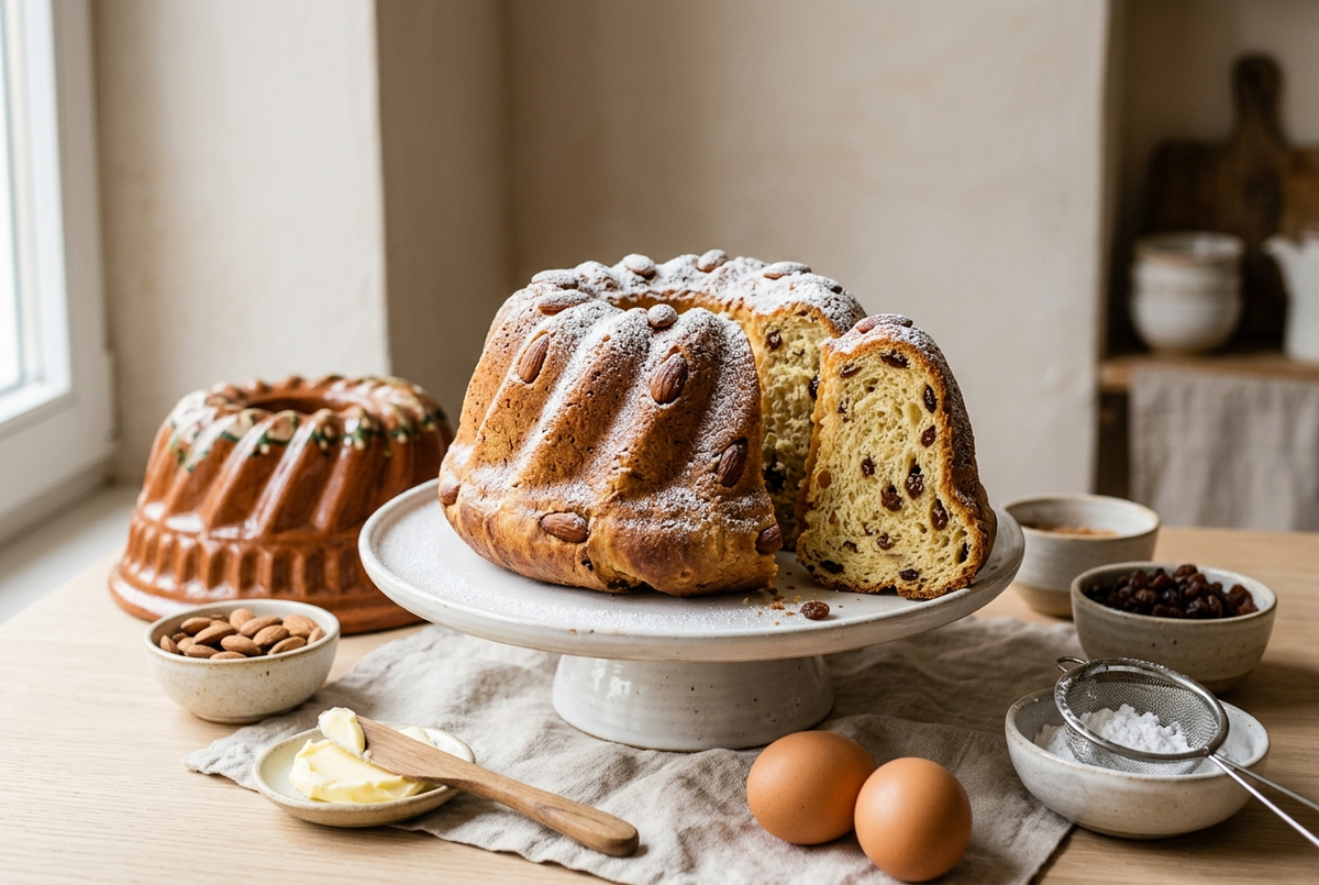 Kouglof alsacien doré en forme de couronne cannelée, aux amandes et raisins, saupoudré de sucre glace