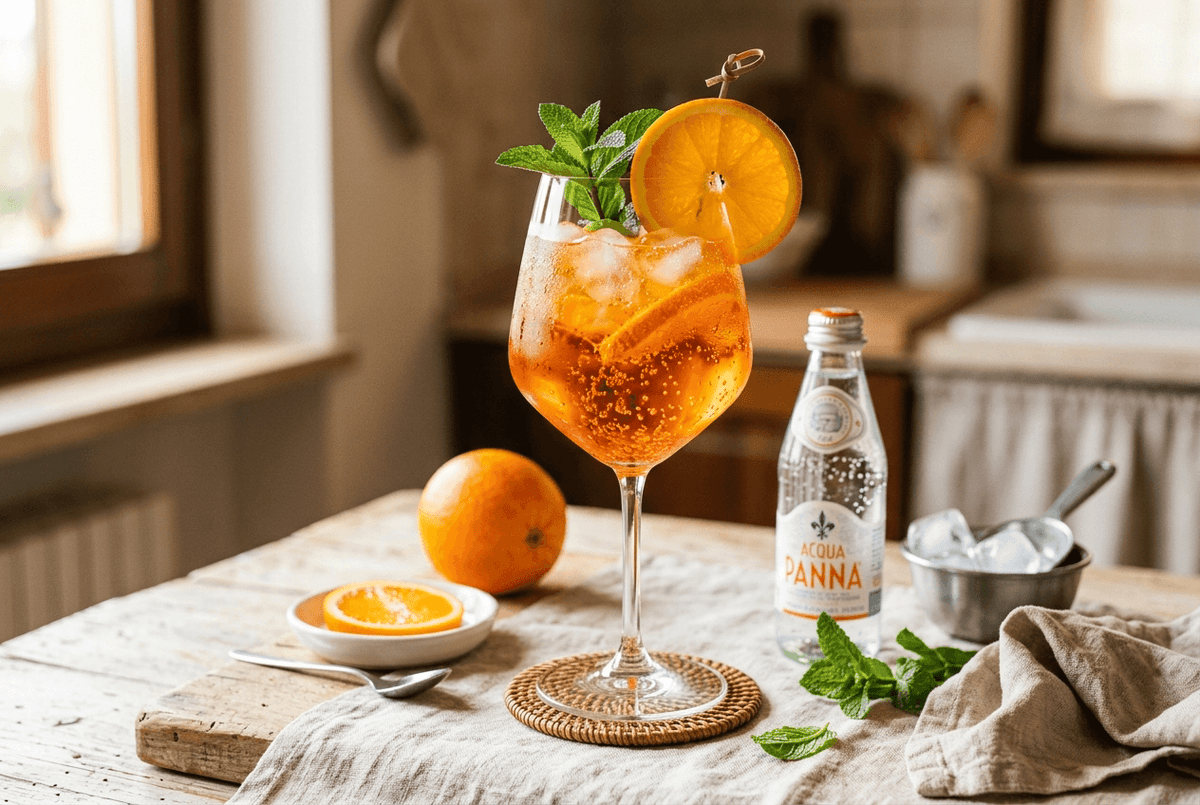 Spritz sans alcool orangé et pétillant dans un verre à pied avec glaçons, tranche d'orange et menthe