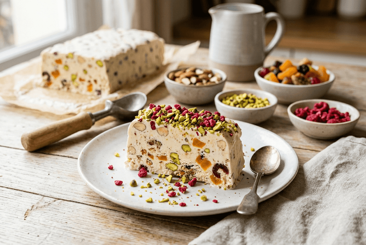 Tranche de nougat glacé maison aux amandes, pistaches et fruits secs