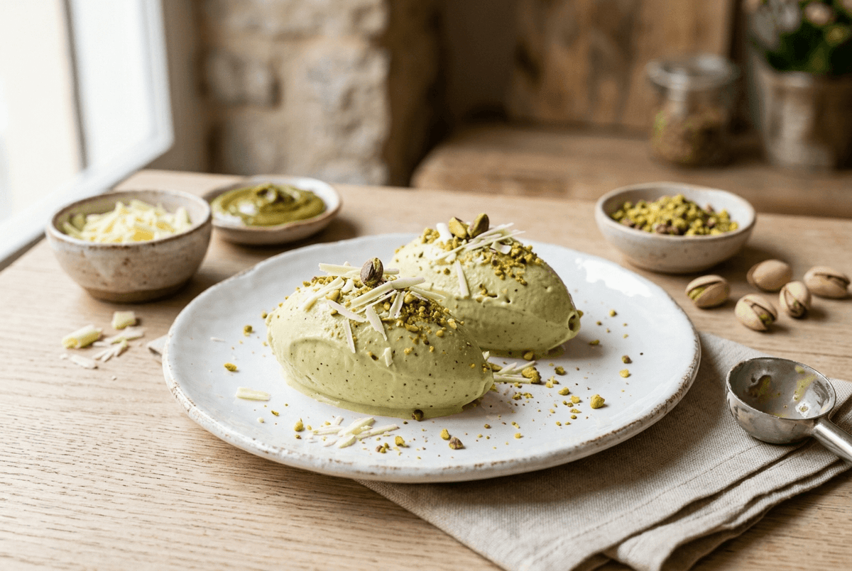 Glace pistache maison vert tendre aux éclats de chocolat blanc et pistaches torréfiées