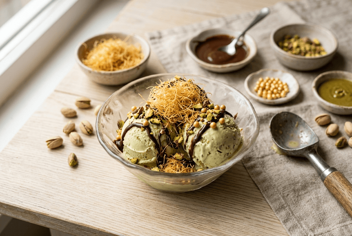 Glace façon chocolat de Dubaï à la pistache, kataïfi croustillant et chocolat