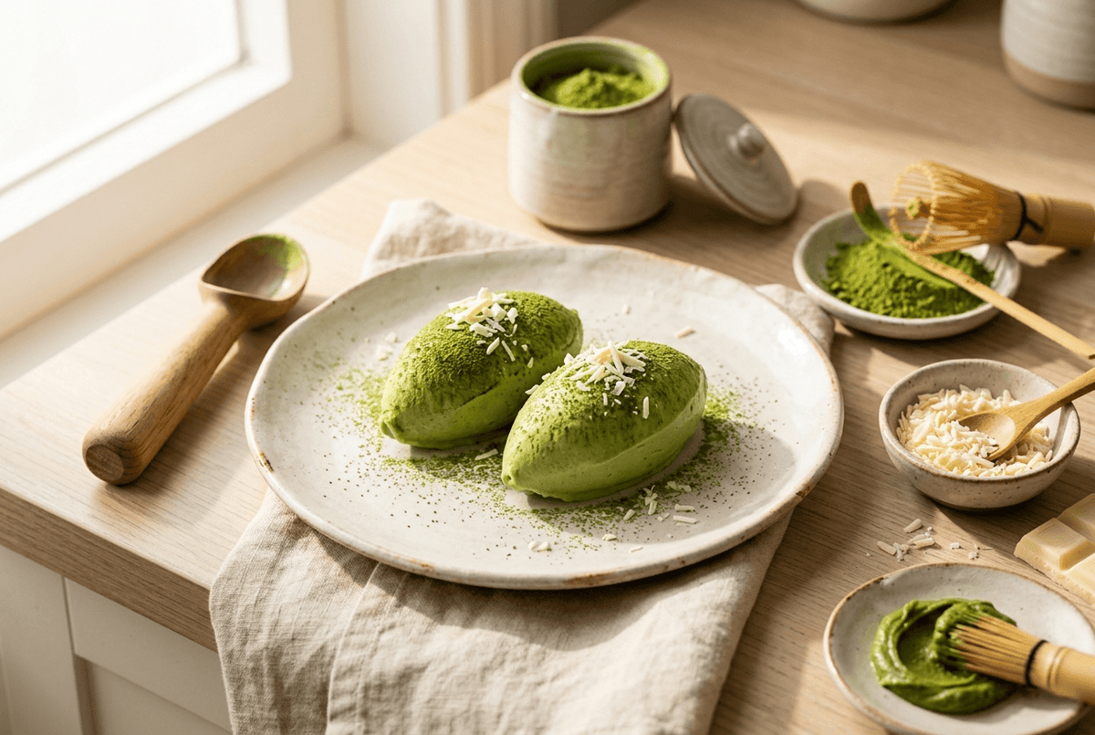 Glace matcha maison vert jade au chocolat blanc Valrhona Ivoire
