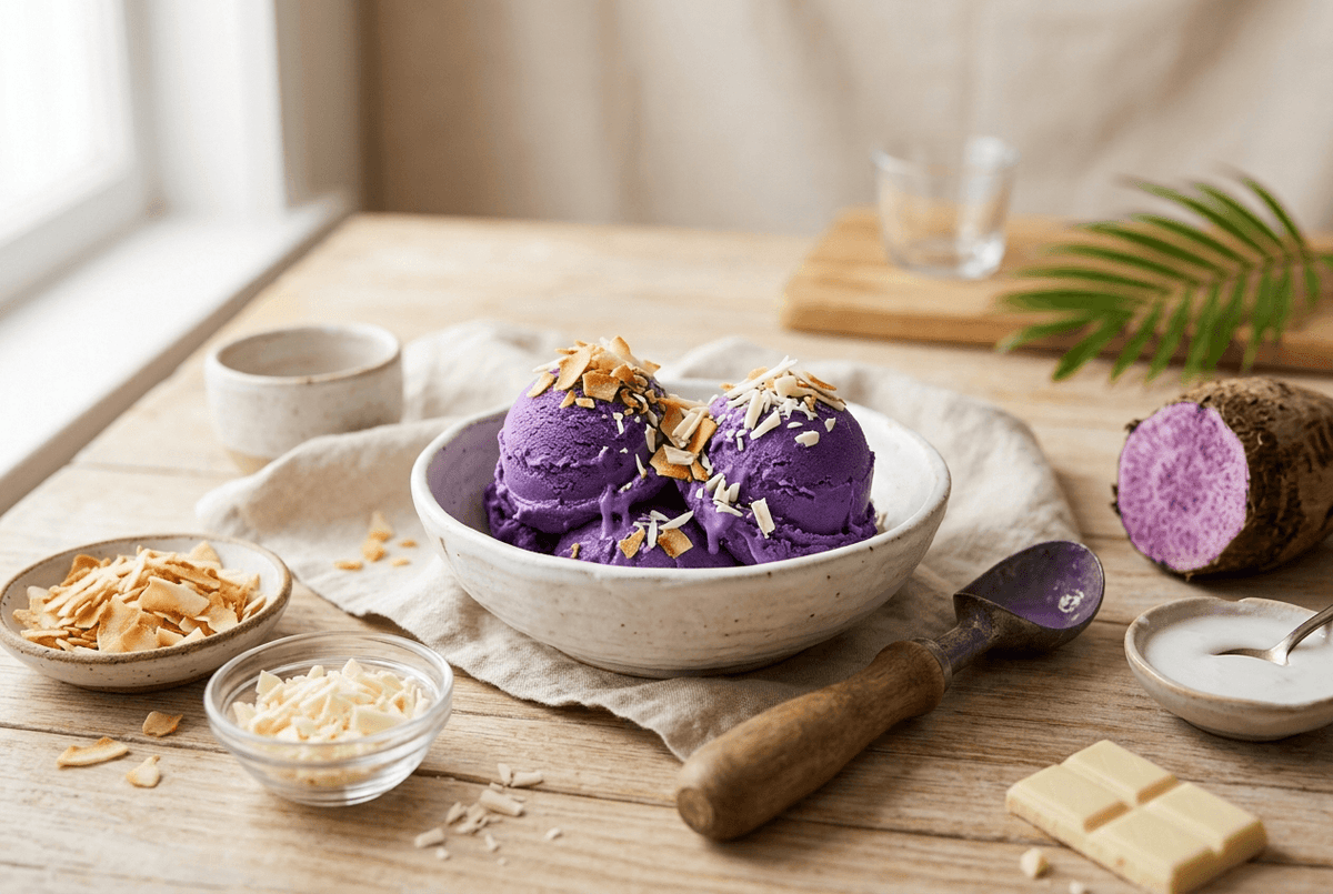 Glace ube maison au violet naturel, patate douce violette et chocolat blanc