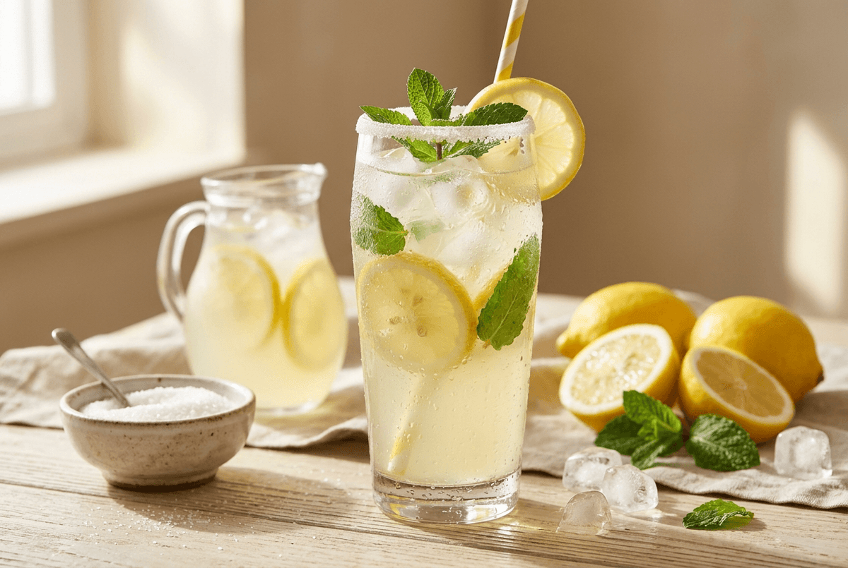 Citronnade maison servie dans un verre givre avec rondelle de citron et menthe