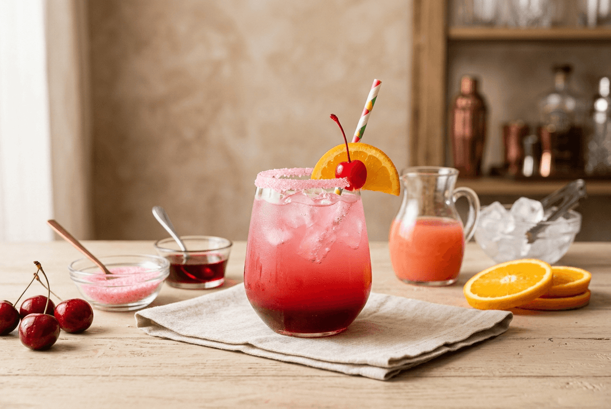 Shirley Temple sans alcool rose avec cerise confite et bord givre