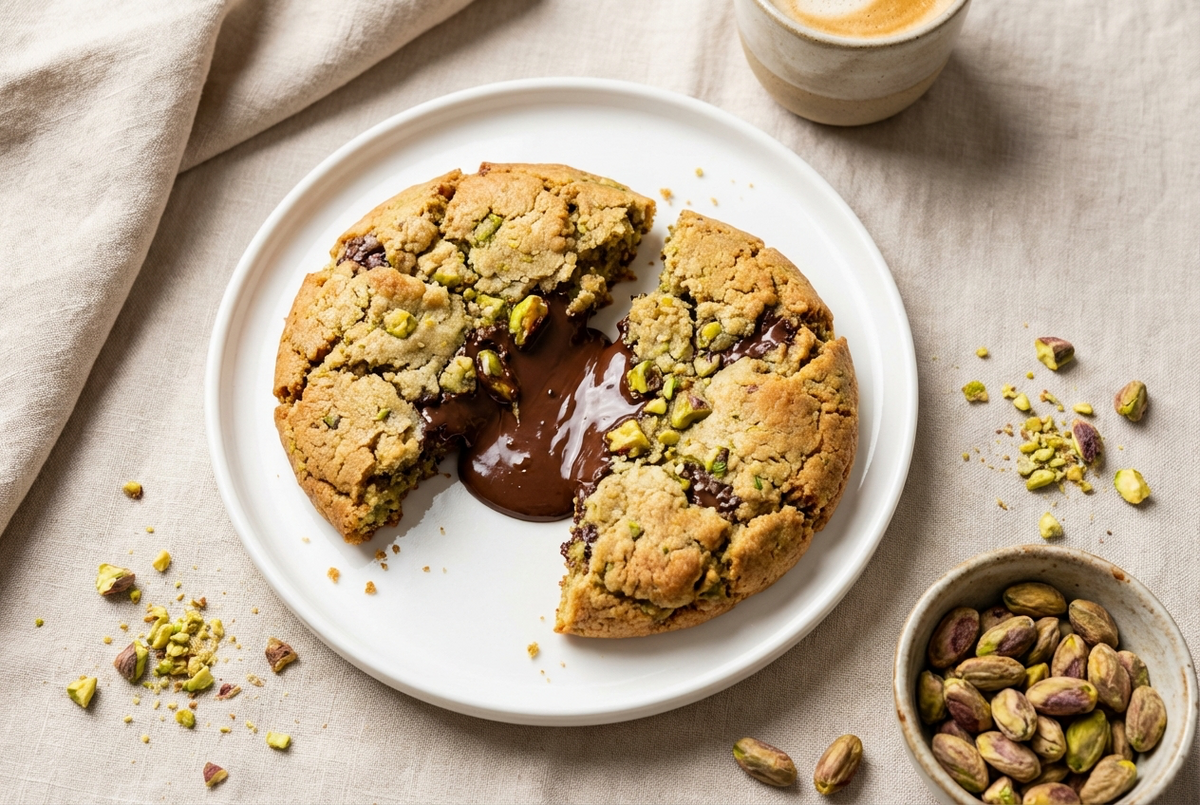 Cookies XXL pistache et coeur chocolat coulant maison