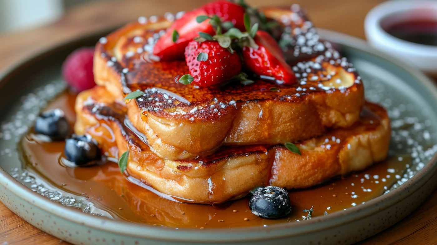 Une assiette de brioche perdue dorée et saupoudrée de sucre glace, servie avec des tranches de fraises fraîches 