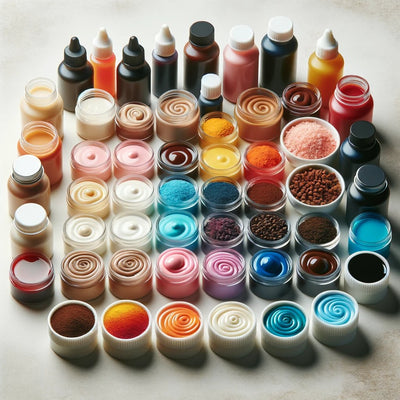 Assortiment de colorants alimentaires en poudre et liquide, aux couleurs vibrantes et naturelles, utilisés pour sublimer les desserts et les préparations culinaires.