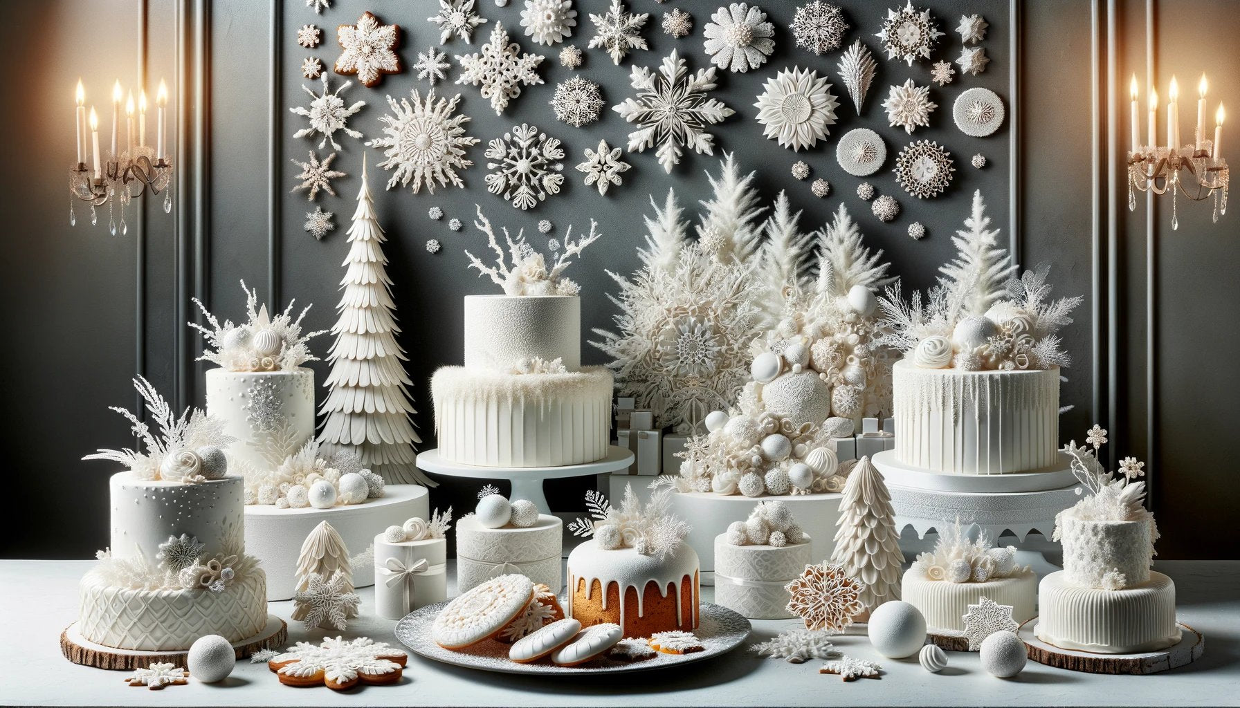 Photo d'un gâteau de Noël décoré de glaçage blanc, avec des baies rouges, des branches de sapin et des étoiles en sucre, créant une ambiance hivernale festive.