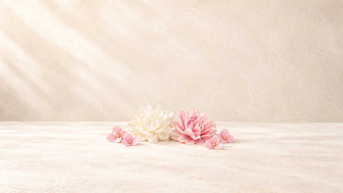Pivoines blanches et roses et hortensias comestibles sur fond crème Patissland