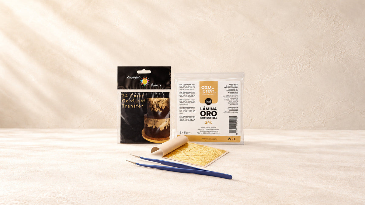 Feuilles d'Or & Paillettes — produits de la collection sur fond crème Patissland