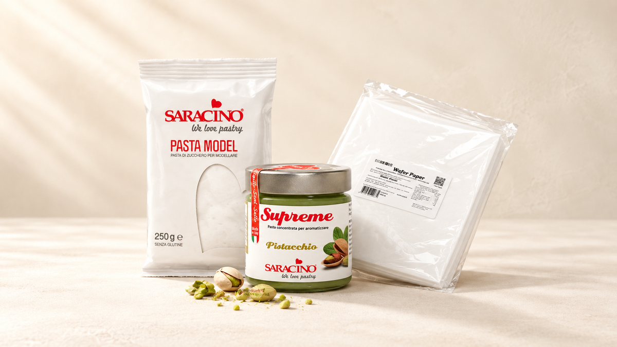 Saracino — sélection de produits sur fond crème Patissland