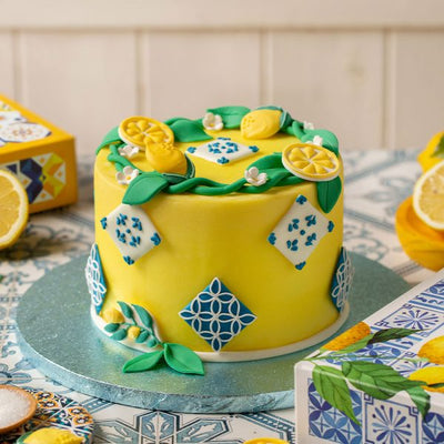 décoration gâteau citron, décor sucre Amalfi, azulejos comestibles, décors Decora handmade, décoration pâtisserie italienne