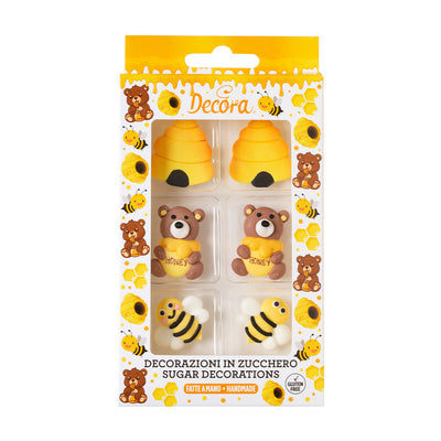 décoration sucre ours abeille ruche gâteau, déco gâteau thème abeilles, décor comestible fait main, décoration sucre enfant, decora abeille ours