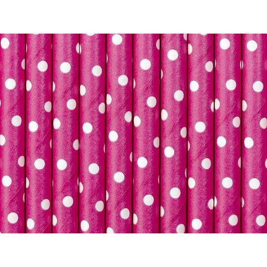 10 Pailles Cartonnées Rose Foncé / Points Blancs