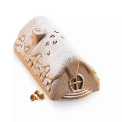Moule à bûche en silicone Silikomart Winter Cottage 1100 avec détails 3D de maison enneigée
