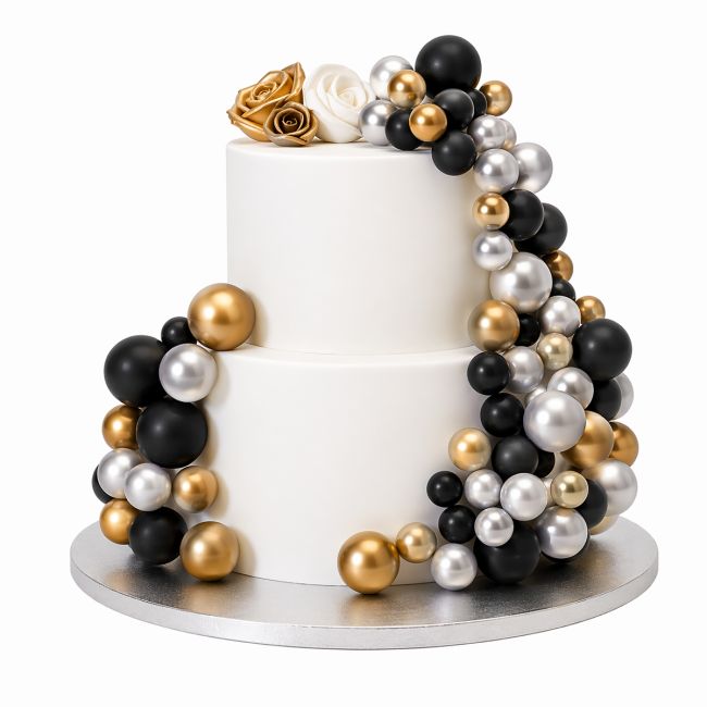 Set Boules Décoratives sur Tiges - Or Métal Argent & Noir - 32 pièces