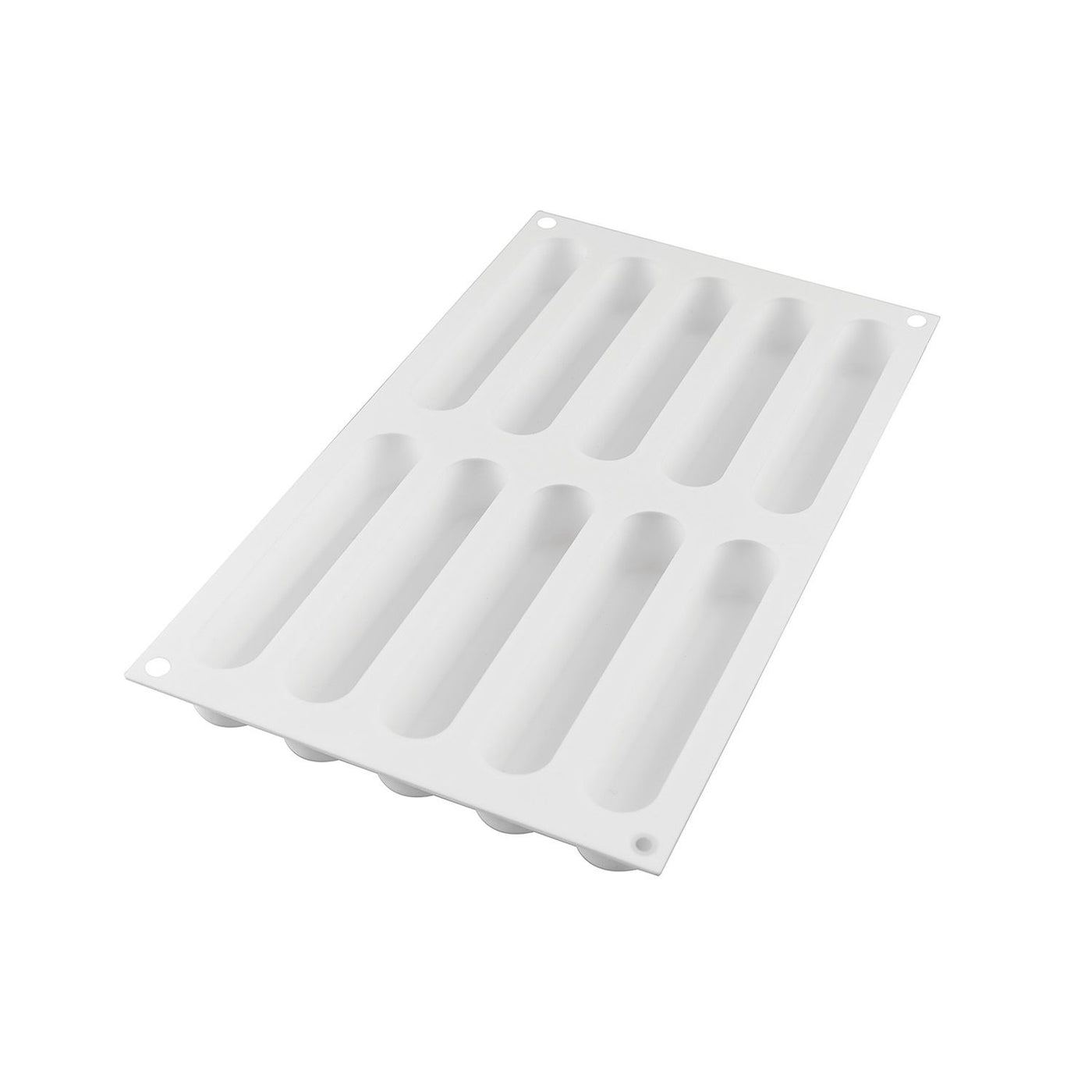 Moule en silicone Silikomart Fashion Éclair 80 ml – 10 cavités rectangulaires avec emporte-pièce et plats de présentation