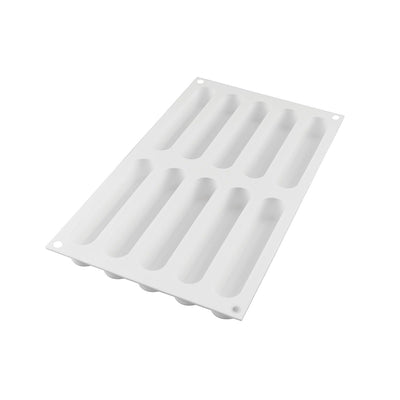 Moule en silicone Silikomart Fashion Éclair 80 ml – 10 cavités rectangulaires avec emporte-pièce et plats de présentation