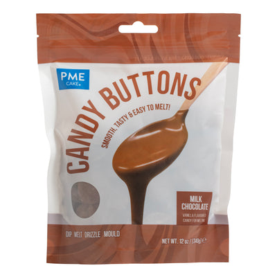 PME Candy Buttons chocolat au lait à fondre pour pâtisserie – goût vanille et cacao – sachet refermable 340 g