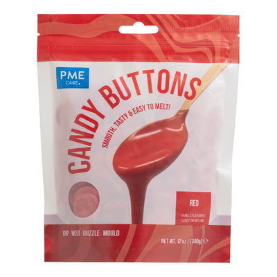 PME Candy Buttons rouges à fondre pour pâtisserie – goût vanille – sachet refermable 340 g