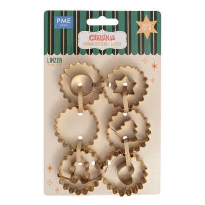 Set de 6 emporte-pièces dorés PME pour biscuits Linzer de Noël – formes étoile, cœur, sapin, bonhomme, rond et base