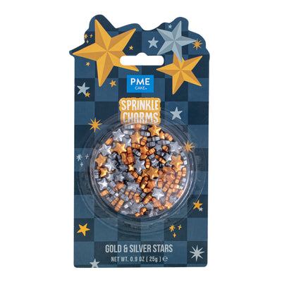 Décorations en sucre PME – Étoiles dorées et argentées comestibles pour pâtisserie, pot 25g